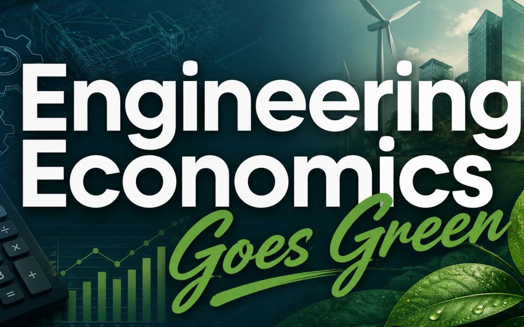 Engineering economics concept showing charts, calculator, green leaves, wind energy, and sustainable buildings for an article about the cost benefits of green building.