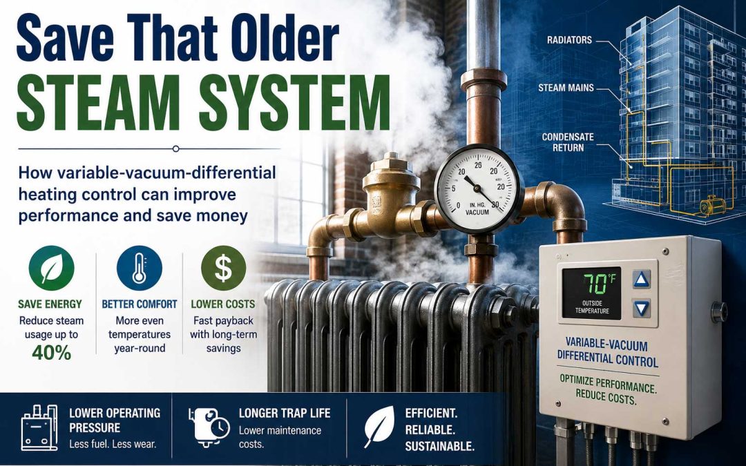 Older steam heating system with radiator, vacuum gauge, piping diagram, and variable-vacuum differential control panel showing energy-saving retrofit benefits.