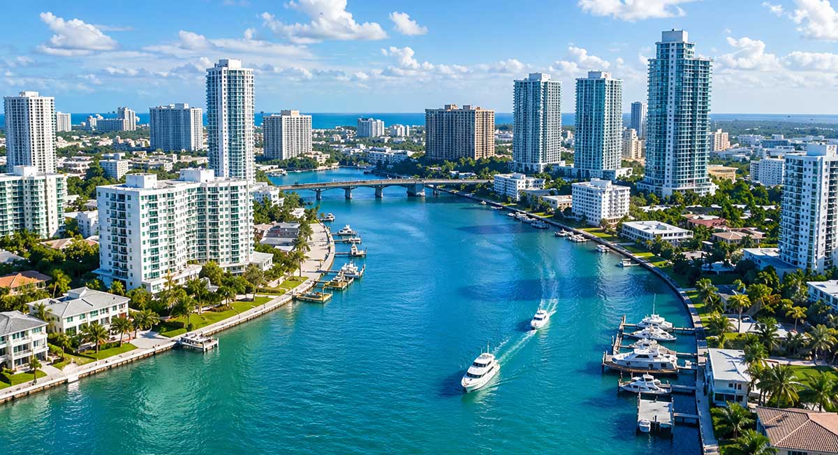South Florida waterway with commercial buildings representing energy and sustainability consulting services