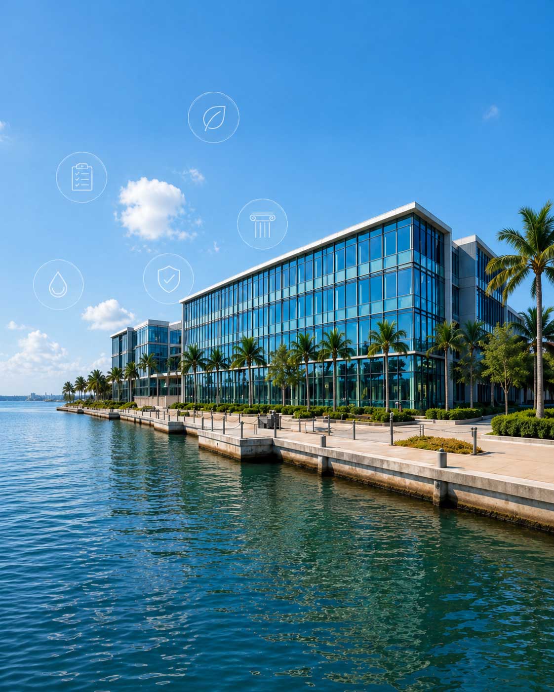 Modern waterfront office building representing Sustainable Performance Solutions in South Florida